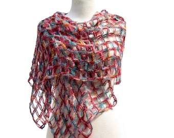 Boucléstola “Renaissance”, cherry red, Surialpaca, fluffy, lace, feather-light, unique, accessory, exquisitely crocheted, turquoise, mulberry silk