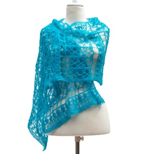Spitzenstola „Fjord“, delikat gehäkelt, japanische Maulbeerseide, Superkidmohair, leuchtendes türkis, Lace, Unikat, Accessoire, federleicht