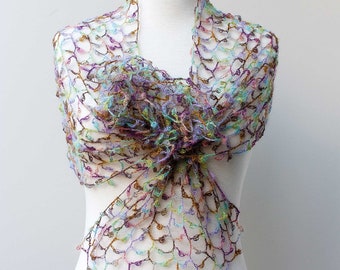 Piccot stole “Garland”, Japanese mulberry silk, exquisitely crocheted, honey, summer lace, water blue, lilac, accessory, filigree jewelry