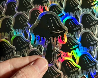 Holograficzna naklejka wycinana z grzybem, naklejka z grzybem z nakrętką atramentową, naklejka mykologiczna, grzyby, holograficzna naklejka z grzybami, naklejka psychodeliczna