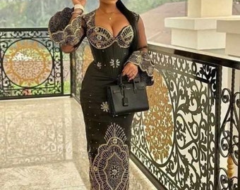 Black and gold dress, party dress, straight dress, party outfit, wedding guest, African dress, Owanbe dress, wedding dress, corset dress.