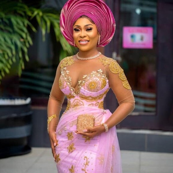 Pink gold Igbo traditional dress. Women clothing. African wax. African print. Auto gele. George dress. Nigerian bridal gown. Party guest