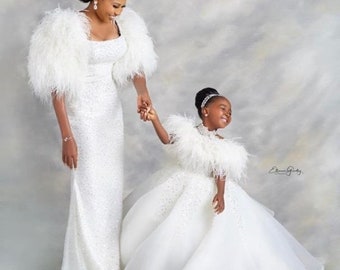 White mother and daughter luxury dress, women clothing, African wedding dress, African dress, feather dress, kids dress, ball gown.