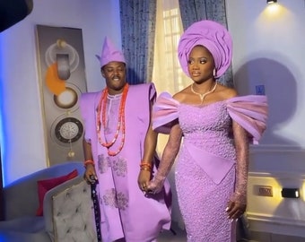 Lilac Asooke couples attire. Agbada men’s suit. African print. Yoruba traditional bridal gown. Wedding dress. Auto gele