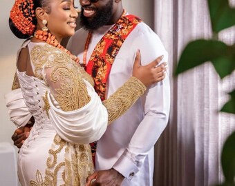 Afrikaanse Nigeriaanse igbo traditionele huwelijkskledij. Vrouwenkleding. Mannenkleding. Afrikaanse stof. Trouwjurk. Accessoires voor dames