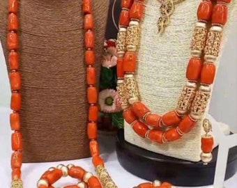 Coral Bead jewelry, vintage beads,African beads, bride ornaments, couples jewelry set,