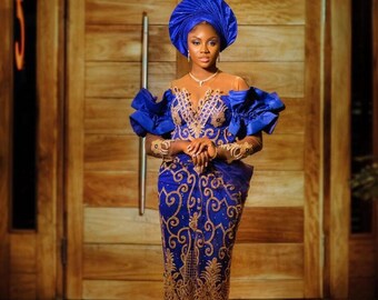 Royal blue George dress. African wax. Women wear. Igbo women dress. Igbo traditional wedding dress.