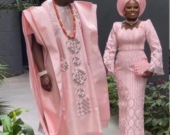 Light peach pink Asooke African couple attire, men’s complete set, Yoruba traditional wedding outfit, women’s clothing, wedding dress, gown