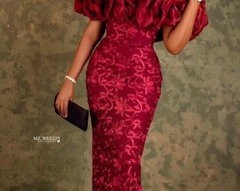 Wine burgundy lace dress, African women dress, off shoulder dress, party dress, African wedding guest, straight dress,African wedding gown.