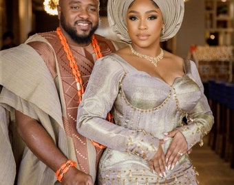 Couple set, champagne gold Agbada men’s suit, African women’s,  Autogele, men clothing, Asooke dress , Yoruba traditional wedding dress,hat