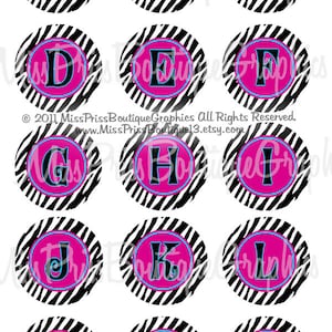 May include: A set of 15 printable circles with a zebra print background and a pink circle in the center. Each circle features a letter of the alphabet in a black outline with a blue fill.