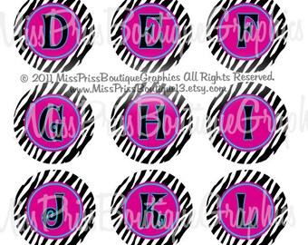 4x6 - A-Z - Hot Pink Zebra Alphabets - Instant Download - One Inch Bottlecap Graphic Digital Collage Image Sheet