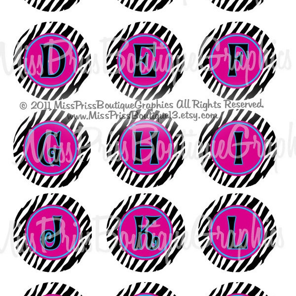 4x6 - A-Z - Hot Pink Zebra Alphabets - Instant Download - One Inch Bottlecap Graphic Digital Collage Image Sheet