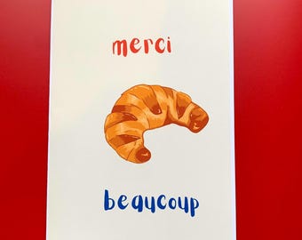 Niedliche Hand gezeichnete merci beaucoup danke croissant französische Grußkarte A5 Karte