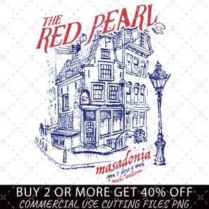 May include: A detailed blue and red line drawing of a building with the text "THE RED PEARL" at the top. The drawing includes a street lamp and the word "masadonia" with the text "open 7-days a week masks welcome".