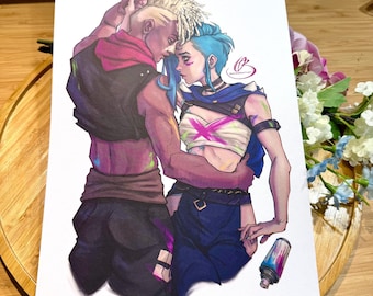 League of Legends, Lámina artística de la Bomba de Tiempo Arcana: Póster de fan art de Jinx y Ekko (A5)