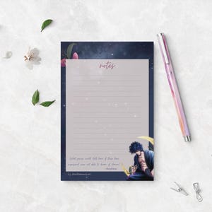 May include: A blue and purple notepad with a starry night sky design. The notepad has lined pages and a quote at the bottom that reads "What you would call love, that time has engraved upon us, and all shall be born of time forever." - Nietzsche.