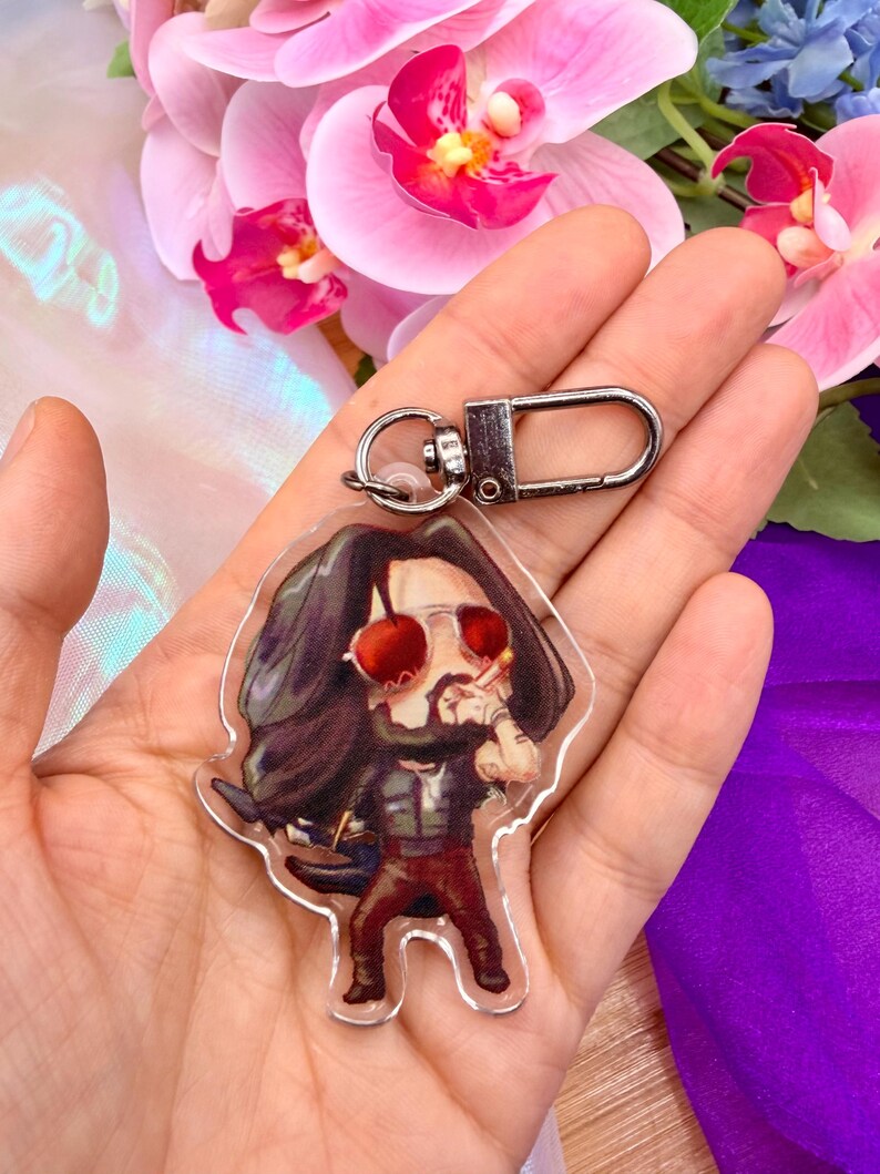 Johnny Silverhand Cyberpunk 2077 Charm – Acrylic Keychain, Anime Edgerunners Fan Art Merch, Geeky Gamer Gift for Him