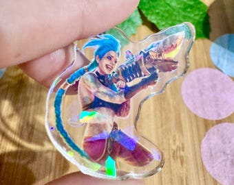 Pin Holográfico de Acrílico Jinx: Arte de Fã Arcana de League of Legends