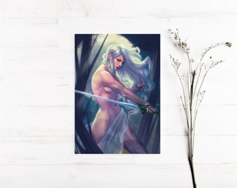 Art Print - Sword Dancer | Original | DnD | Dungeons and Dragons | Fighter | Fantasy | Moonlight | Illustration | Gift for her | Unique gift