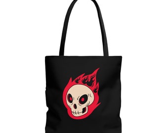 Bolsa de lona con diseño de calavera de fuego infernal para Halloween, ideal para pedir dulces o trucos.