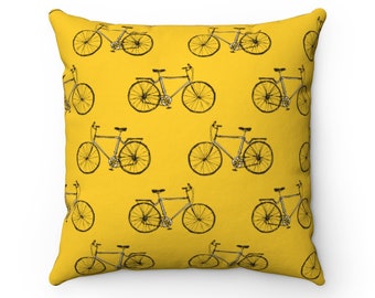 Yellow Bicycle Print Throw Pillow, Double Sided