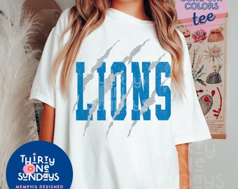 Comfort Colors Lions Scratch Vintage Look Tee Retro Lions Tshirt Lions Fan Blue White Lions - Size Up for Oversized Look