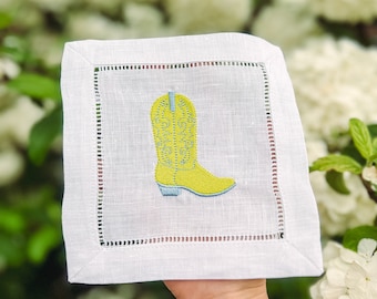 Embroidered Linen Cowboy Boot Cocktail Napkin: Neon Cowgirl Bar Cart