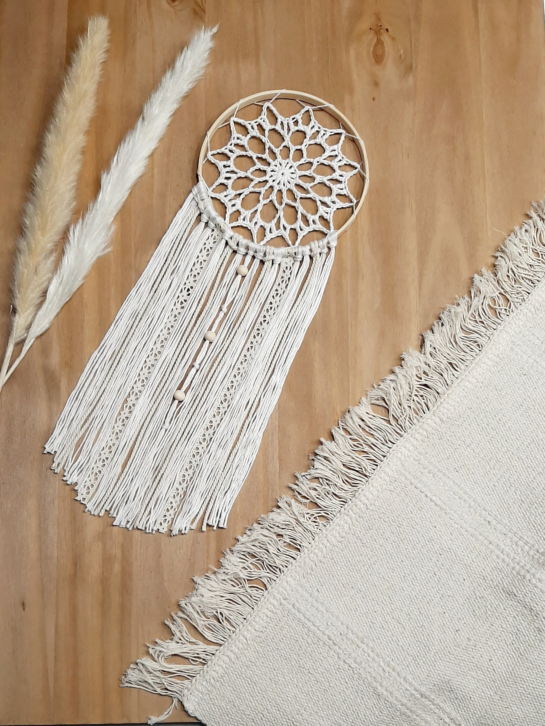 Attrape Rêves Crochet, Écru/Beige/Bois, Esprit Bohème et Naturelle, Suspension Murale