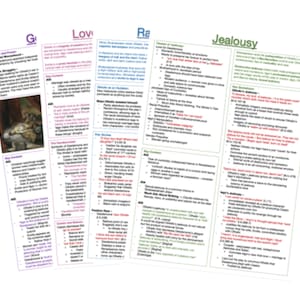 May include: A stack of four colorful study guides on the play Othello. Each guide is a different color: green, purple, blue, and pink. The guides contain text and images related to the play's themes and characters.