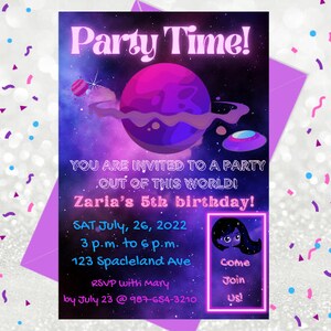Party Time Galaxy Invitation l Editable Canva Template l Girls 5th Birthday l Outter Space l Neon Invitation Blue Puple Pink