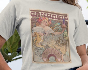 Vintage Art Nouveau shirt Alphonse Mucha cannabis shirt retro shirt cannabis gift hippie shirt gift for her him marijuana shirt sativa shirt