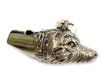 Victorian Style Dog Head with Glass Eyes Whistle Pendant 925 Sterling Sliver