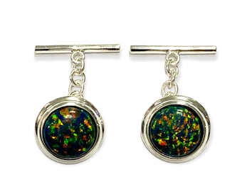 Victorian Style Round Green Gilson Opal Cufflinks 925 Sterling Silver Mens Fathers Day Gift