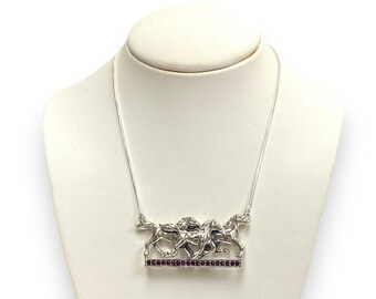 Art Deco Style Thoroughbred Running Horses Pendant Necklace with Ruby Stone 925 Sterling Silver