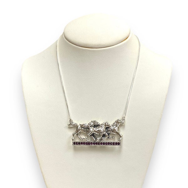 Art Deco Style Thoroughbred Running Horses Pendant Necklace with Ruby Stone 925 Sterling Silver