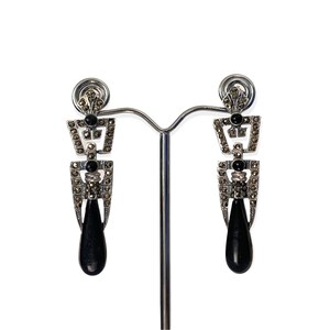 Art Deco Style Black Onyx and Marcasite Stone Long Drop Set Pendant and Earrings 925 Sterling Silver