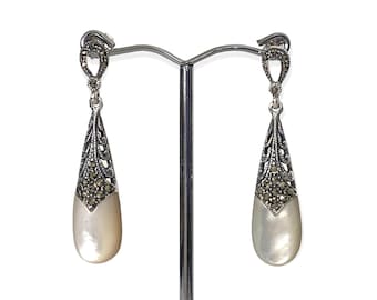Art Deco Style Teardrop Mother of Pearl and Marcasite Stone Drop Earrings / Set 925 Sterling Silver