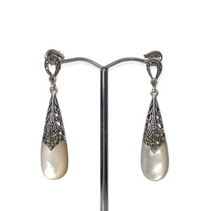 Art Deco Style Teardrop Mother of Pearl and Marcasite Stone Drop Earrings / Set 925 Sterling Silver