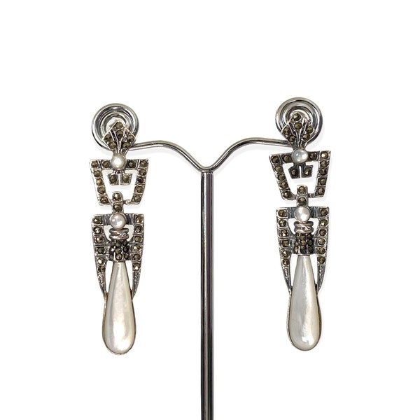 Art Deco Stil Perlmutt und Markasit Stein Lange Tropfen Set Anhänger und Ohrringe 925 Sterling Silber