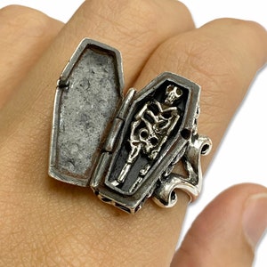 Gothic Articulated Skeleton Skull Coffin Poison Ring 925 Sterling Silver