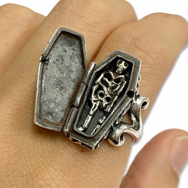 Gothic Articulated Skeleton Skull Coffin Poison Ring 925 Sterling Silver