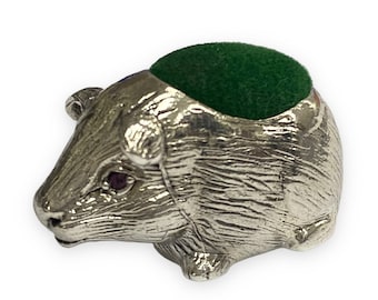 Victorian Style Collectable Guinea Pig with Ruby Eyes Pin Cushion 925 Sterling Silver Sewing Needle
