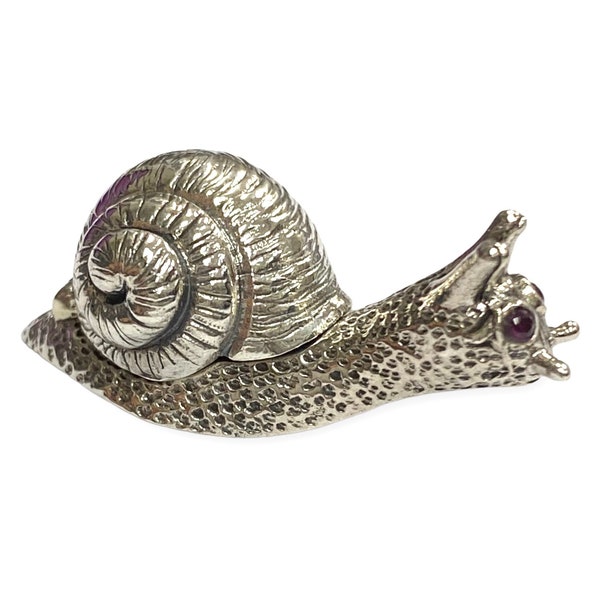 Collectible Victorian Style Snail Pill Snuff Box Figurine with Ruby Stone 925 Sterling Silver