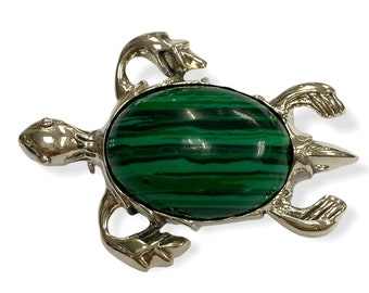 Victorian Style Turtle / Tortoise Pin Brooch with Faux Malachite Stone 925 Sterling Silver