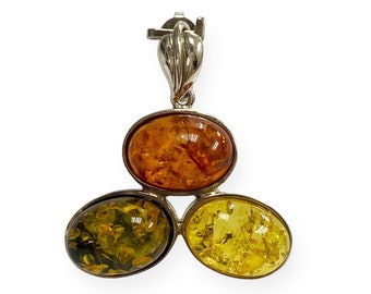 Multi Color Oval Amber Stone Pendant 925 Sterling Silver