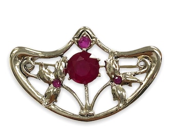 Art Nouveau Style Ruby Stone Pin Brooch 925 Sterling Silver