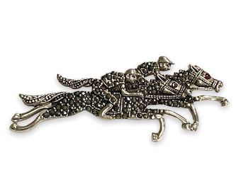 Art Deco Style Horse Race Pin Brooch with Marcasite Stone 925 Sterling Silver