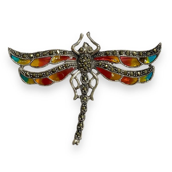 Large Art Nouveau Style Plique a Jour Enamel Dragonfly Pin Brooch and Pendant with Marcasite Stone 925 Sterling Silver