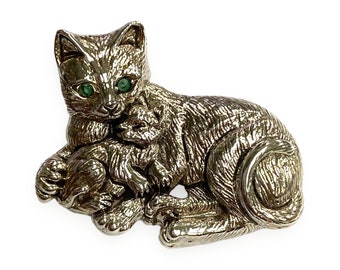 Cute Cat and Kitten Pin Brooch with Emerald Eyes 925 Sterling Silver